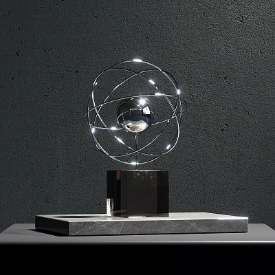 Decorative Ornament Set with Metal Sphere LED Lights and Marble Base on Black Display Stand 3d model