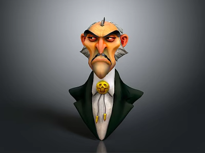 Cartoon Style 3D Male Character Sculpture With Exaggerated Facial Features Green Coat And Golden Badge 3d model