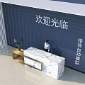 Modern Marble Reception Desk With Blue Wall Green Plant And Welcoming Receptionist