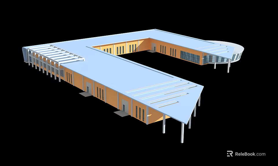 Large Modern Building With Blue Roof Yellow Walls Multiple Windows And Pillar Supported Structure 3d model 