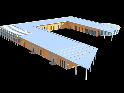 Large Modern Building With Blue Roof Yellow Walls Multiple Windows And Pillar Supported Structure 3d model