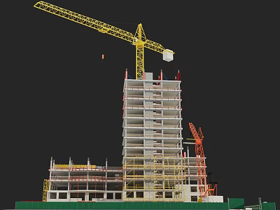 Construction Site Featuring High Rise Building Under Construction With Yellow And Orange Cranes 3d model