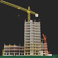 Construction Site Featuring High Rise Building Under Construction With Yellow And Orange Cranes 3d model