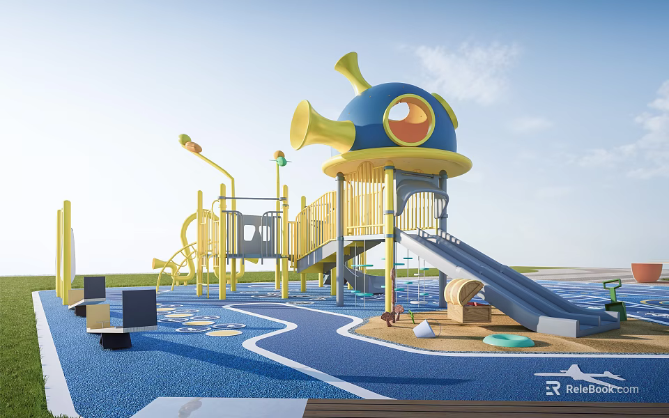 Fun Playground Equipment With Yellow Slide Blue Octopus Structure Running Track And Seating 3d model 