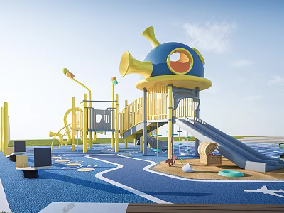 Fun Playground Equipment With Yellow Slide Blue Octopus Structure Running Track And Seating 3d model