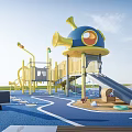 Fun Playground Equipment With Yellow Slide Blue Octopus Structure Running Track And Seating