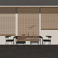 Minimalist Bamboo Blinds In Modern Dining Area With Table And Black Chairs