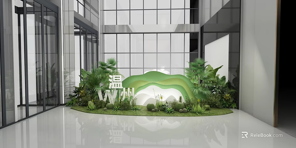 Wenzhou Themed Indoor Display With Green Mountain Shaped Plants And Modern Glass Building 3d model 