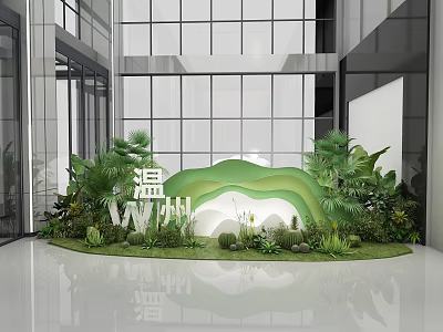 Wenzhou Themed Indoor Display With Green Mountain Shaped Plants And Modern Glass Building 3d model