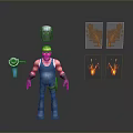 Cartoon Worker in Yellow Hard Hat Blue Overalls Holding Angle Grinder Welding Helmet and Sparks