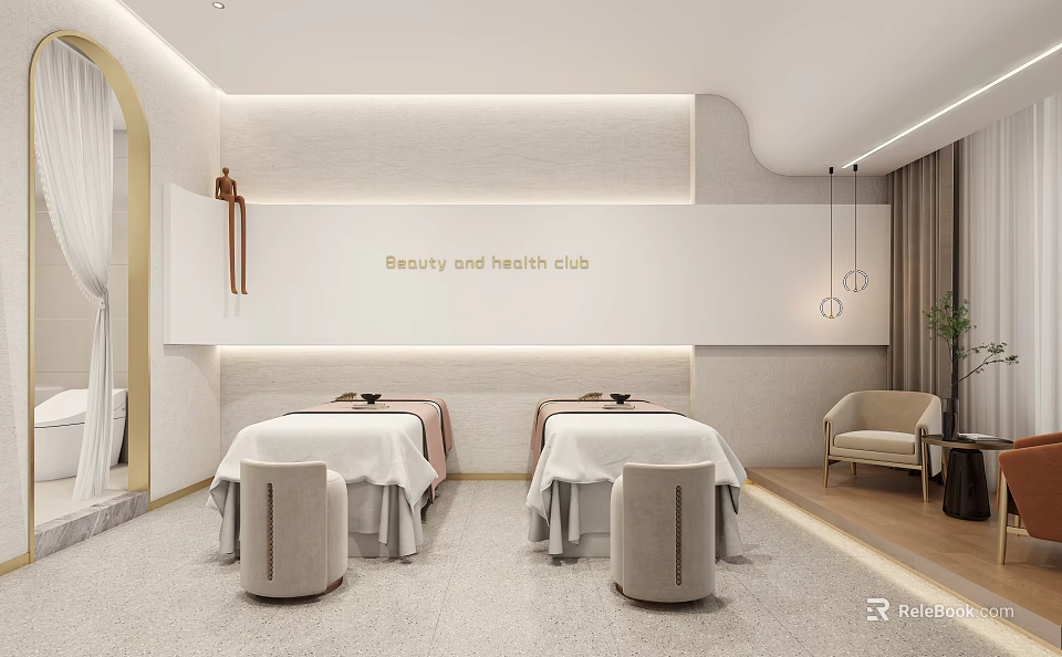 Luxury SPA Sauna Room Interior With Treatment Beds And Chairs 3d model 