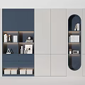 Modern Display Cabinet In Navy Blue And Light Gray With Symmetrical Shelves And Decorative Items