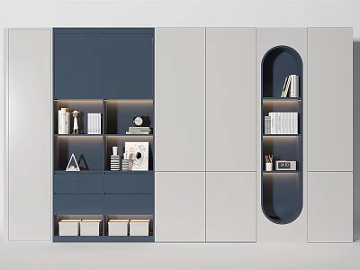Modern Display Cabinet In Navy Blue And Light Gray With Symmetrical Shelves And Decorative Items 3d model