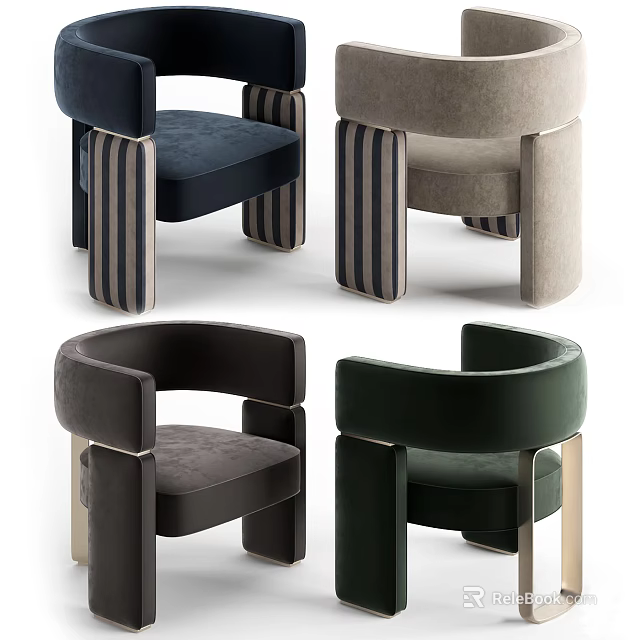 Stylish Leisure Chairs In Multiple Colors With Velvet Fabric And Striped Wooden Legs 3d model 