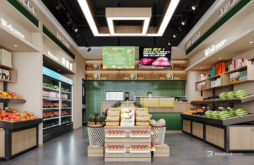 Fresh Fruit Store Interior With Colorful Fruit Displays Shelves And Digital Screens 3d model 