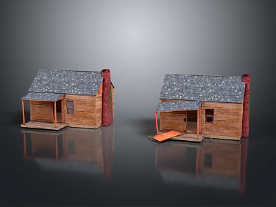 Two Wooden Cabins With Gray Shingle Roof Brick Chimney And Front Porch 3d model