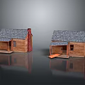 Two Wooden Cabins With Gray Shingle Roof Brick Chimney And Front Porch