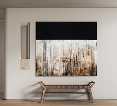 Modern Abstract Wall Art Decor With Wooden Bench And Wall Sconce 3d model