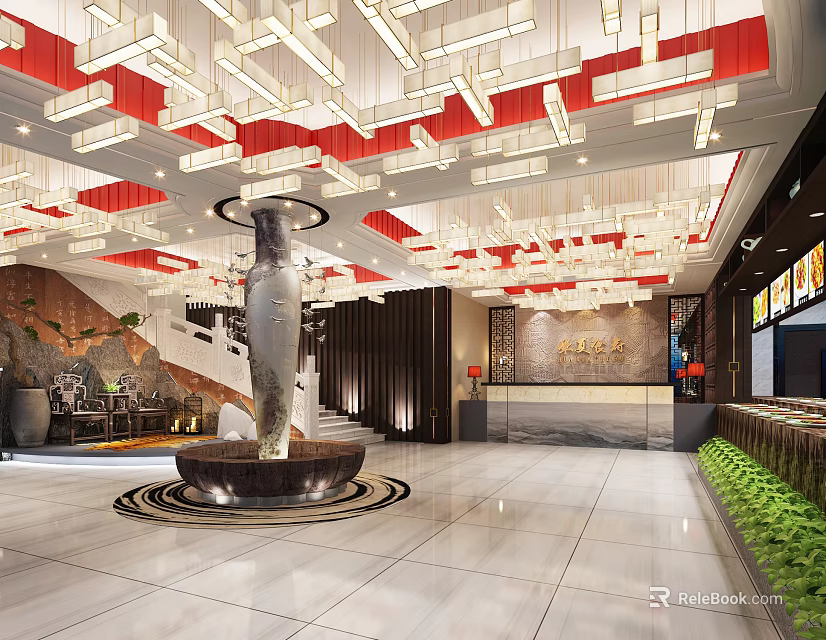 Elegant Modern Chinese Hotel Lobby With Red White Ceiling Lights Marble Floor And Central Sculpture 3d model 