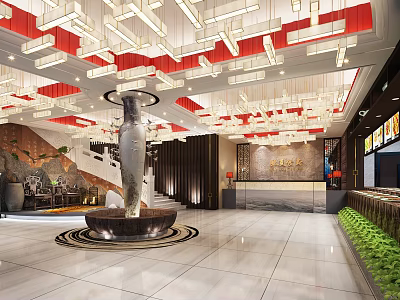 Elegant Modern Chinese Hotel Lobby With Red White Ceiling Lights Marble Floor And Central Sculpture 3d model