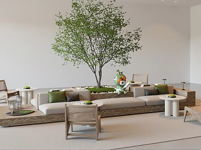 Indoor Landscape Seating Area With Large Tree Wicker Sofa And Green Cushions 3d model