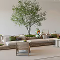 Indoor Landscape Seating Area With Large Tree Wicker Sofa And Green Cushions 3d model