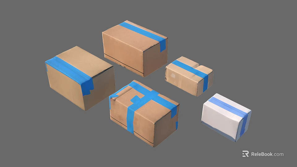 Assorted Brown Cardboard Boxes With Blue Tape And A Small White Box 3d model