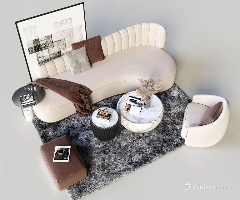 Beige Curved Sofa with Pillows Throw Blanket Round White Coffee Table and Black Table on Gray Rug 3d model 