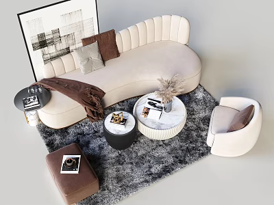 Beige Curved Sofa with Pillows Throw Blanket Round White Coffee Table and Black Table on Gray Rug 3d model
