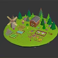 Cartoon Farm Scene With Windmill Red Barn Green Trees And Vegetable Patches