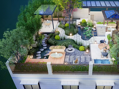 Rooftop Garden Water Fountain Design With Stone Path Greenery And Outdoor Lighting 3d model