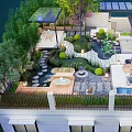 Rooftop Garden Water Fountain Design With Stone Path Greenery And Outdoor Lighting
