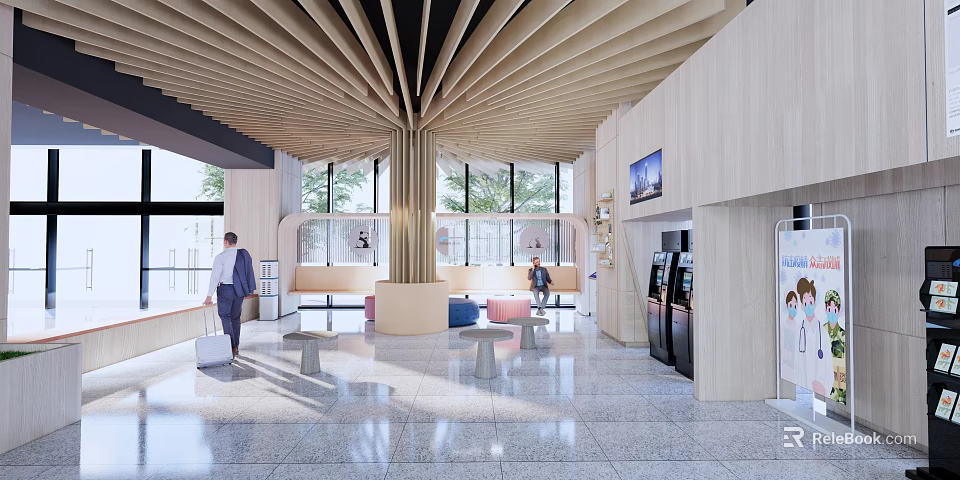 Modern Station Interior With Wooden Beams Large Windows Circular Seating And Vending Machines 3d model 