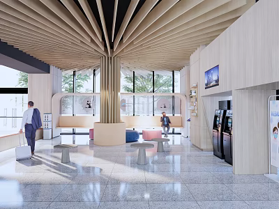 Modern Station Interior With Wooden Beams Large Windows Circular Seating And Vending Machines 3d model