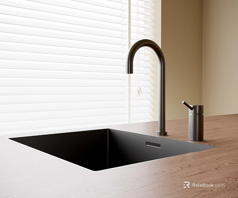 Black Square Washbasin on Wooden Countertop with Black Faucet Soap Dispenser Against White Blinds Background 3d model 