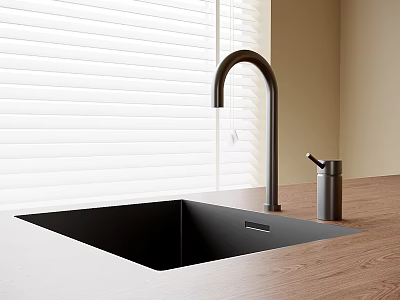 Black Square Washbasin on Wooden Countertop with Black Faucet Soap Dispenser Against White Blinds Background 3d model