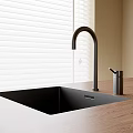 Black Square Washbasin on Wooden Countertop with Black Faucet Soap Dispenser Against White Blinds Background