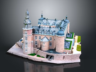 Historic Castle Architecture With Spired Towers Blue Roofs Stone Walls And Green Courtyard 3d model