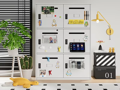 Modern White Entryway Side Cabinet With Decorative Stickers Green Plants And Yellow Lamp 3d model
