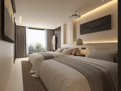 Modern Hotel Guest Room Featuring Twin Beds Large Windows Scenic View And Accent Lighting 3d model