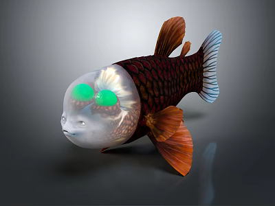 3D Rendered Fish With Transparent Head Green Eyes Red Scales And Orange Fins 3d model