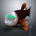 3D Rendered Fish With Transparent Head Green Eyes Red Scales And Orange Fins