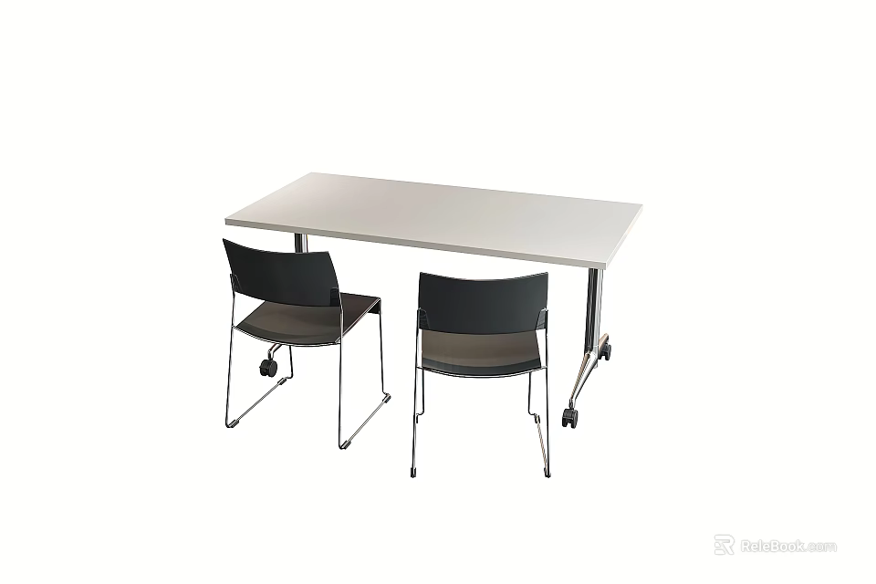 White Office Desk Setup With Two Black Chairs And Rolling Wheels 3d model