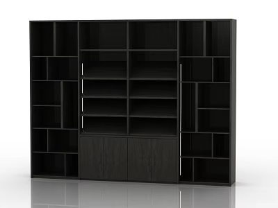 Modern Black Wooden Bookcase With Multiple Open Shelves And Storage Cabinets 3d model
