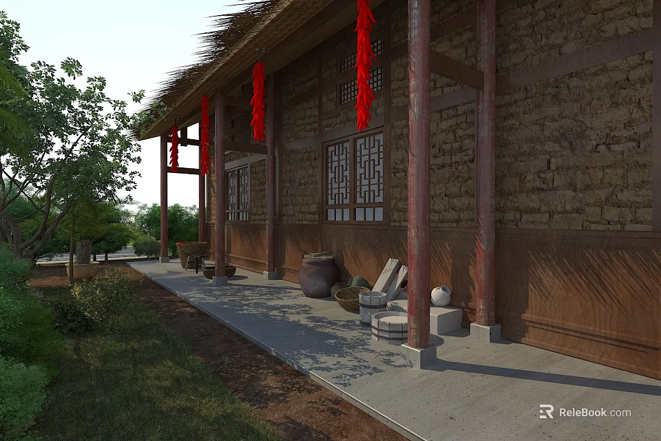 Ancient Architecture Veranda With Thatched Roof Red Lanterns Wooden Pillars Stone Walls And Carved Windows 3d model 