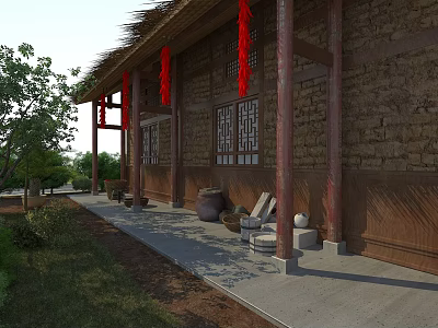 Ancient Architecture Veranda With Thatched Roof Red Lanterns Wooden Pillars Stone Walls And Carved Windows 3d model