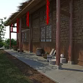 Ancient Architecture Veranda With Thatched Roof Red Lanterns Wooden Pillars Stone Walls And Carved Windows