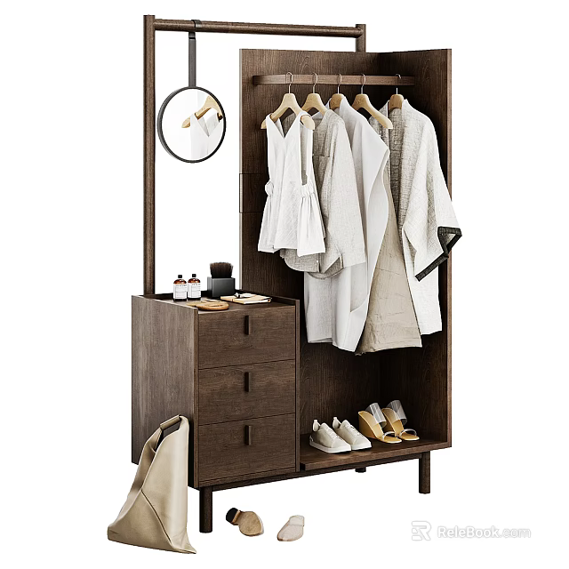 Modern Minimalist Wooden Wardrobe Design With Hanging Robes Drawers Shoe Storage And Round Mirror 3d model 