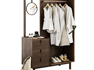 Modern Minimalist Wooden Wardrobe Design With Hanging Robes Drawers Shoe Storage And Round Mirror 3d model