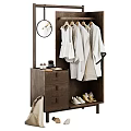 Modern Minimalist Wooden Wardrobe Design With Hanging Robes Drawers Shoe Storage And Round Mirror